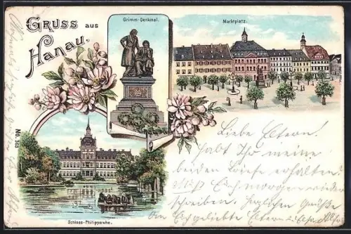 Lithographie Hanau, Marktplatz, Schloss Philippsruhe und Grimm-Denkmal