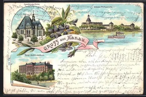 Lithographie Hanau, Französische Kirche, Königliche Zeichen-Academie und Schloss-Phillippsruhe