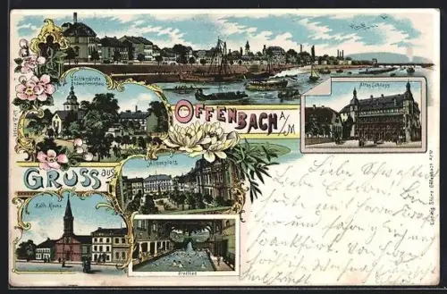 Lithographie Offenbach a. M., Schlosskirche, Kath. Kirche, Aligenplatz, Stadtbad, Altes Schloss