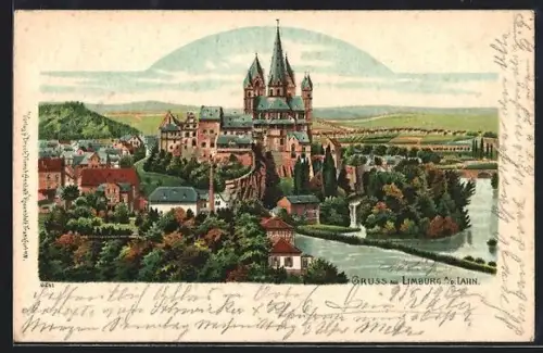 Lithographie Limburg a. d. Lahn, Gesamtansicht mit Dom und Schloss