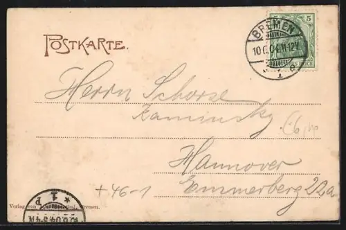 AK Bremen, Hotels Reichshof und Stadt Hamburg, Badeanstalt im Breiten Weg, Strassenbahn