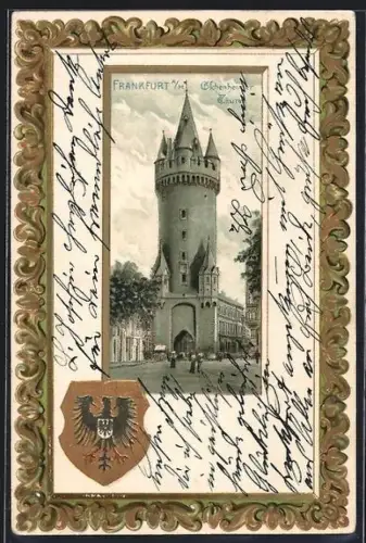 Passepartout-Lithographie Frankfurt a. M., Eschenheimer Turm, Wappen