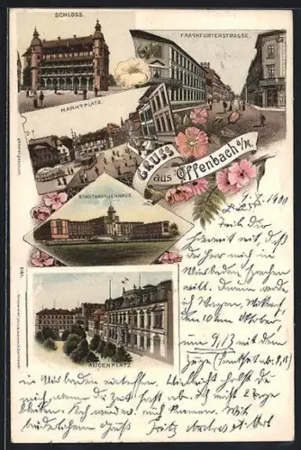 Lithographie Offenbach a. M., Schloss, Marktplatz, Stadtkrankenhaus, Frankfurterstrasse
