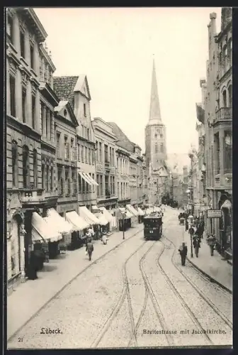 AK Lübeck, Breitestrasse mit Jacobikirche, Strassenbahn