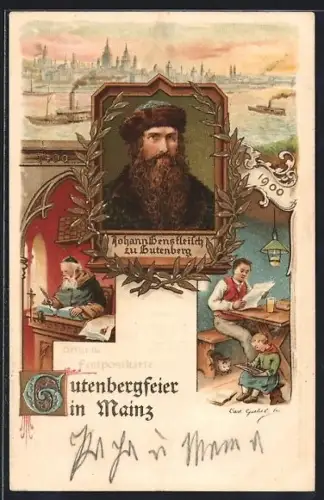Lithographie Mainz, Gutenbergfeier 1900, Porträt Johann Gutenberg, Druckerwerkstatt, Stadtansicht