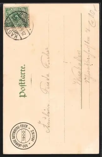 Lithographie Mainz, Gutenbergfeier 1900, Porträt Johann Gutenberg, Druckerwerkstatt, Stadtansicht