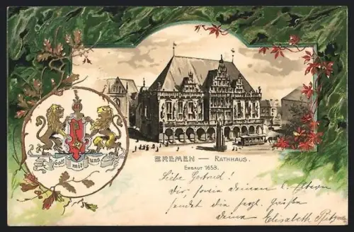 Passepartout-Lithographie Bremen, Blick zum Rathaus, erbaut 1553, Wappen