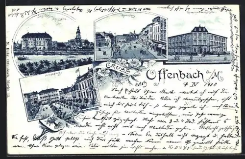 Lithographie Offenbach a. M., Marktplatz, Schloss v. d. Mainseite, Kunstgewerbeschule, Alicenplatz