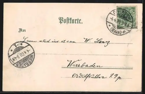 Lithographie Offenbach a. M., Marktplatz, Schloss v. d. Mainseite, Kunstgewerbeschule, Alicenplatz