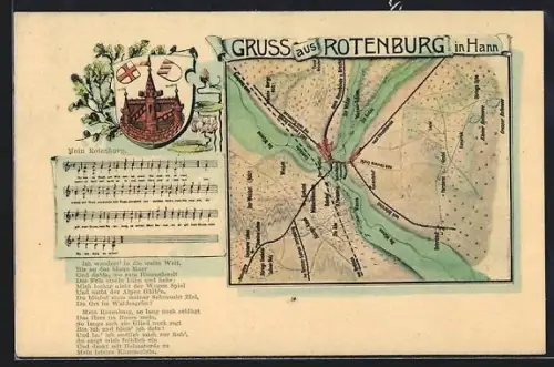 Lithographie Rotenburg in Hann., Stadtwappen, Karte des Ortes, Lied Mein Rotenburg