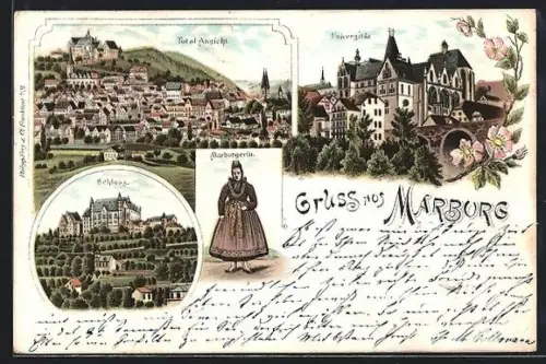Lithographie Marburg, Schloss, Universität, Marburgerin in Tracht