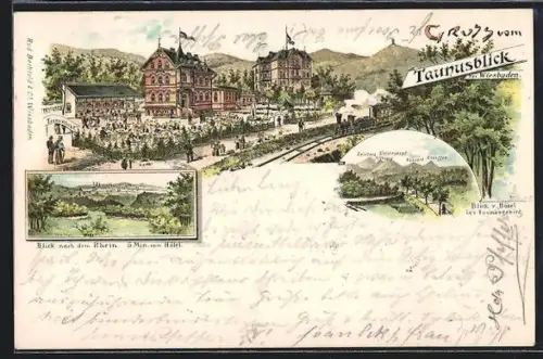 Lithographie Wiesbaden, Gasthaus Taunusblick, Blick nach dem Rhein