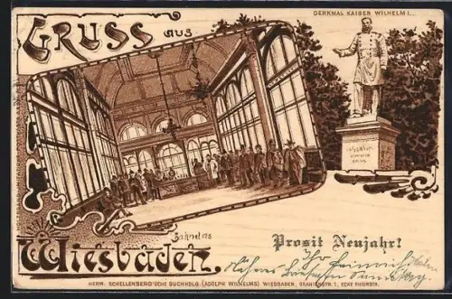 Holzbrand-Imitations-AK Wiesbaden, Denkmal Kaiser Wilhelm I