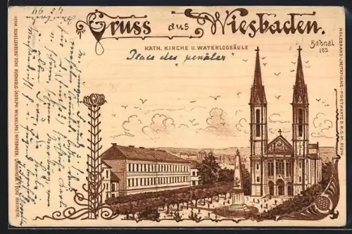 Holzbrand-Imitations-AK Wiesbaden, Katholische Kirche und Waterloo-Säule