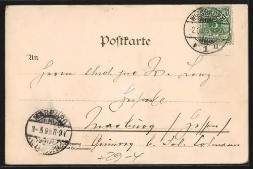 Holzbrand-Imitations-AK Wiesbaden, Katholische Kirche und Waterloo-Säule