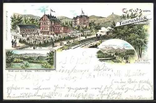 Lithographie Wiesbaden, Gasthof Taunusblick, Blick zum Rhein
