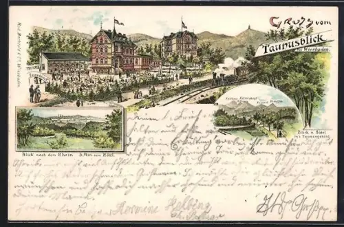 Lithographie Wiesbaden, Hotel Taunusblick, Blick nach dem Rhein, Blick vom Hotel ins Taunusthal