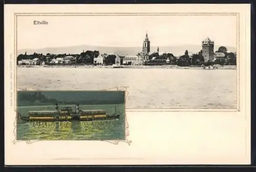 AK Eltville, Dampfer bei nächtlicher Beleuchtung, Blick zum Ort