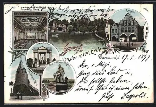 Lithographie Dortmund, Rathaus, Kaiser-Wilhelm-Denkmal, Kronenburg-Saal