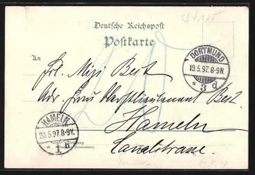 Lithographie Dortmund, Rathaus, Kaiser-Wilhelm-Denkmal, Kronenburg-Saal