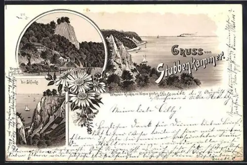 Lithographie Stubbenkammer, Die Schlucht, Blick aufs Meer