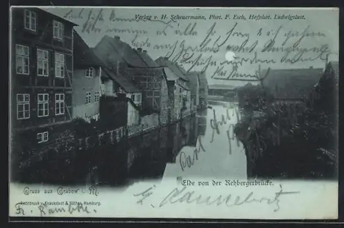 Mondschein-AK Grabow i. M., Elde von der Rehbergerbrücke