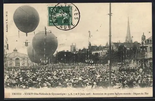 AK Troyes, XXXVIe Fête Fédérale de Gymnastique 1908, Ascension de quatre Ballons montés