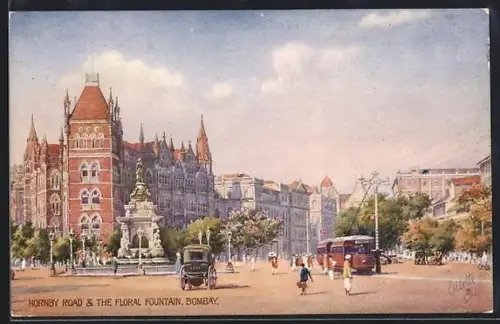 AK Bombay, Hornby Road and The Floral Fountain, tramway, Strassenbahn