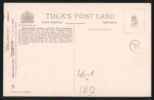 AK Bombay, Hornby Road and The Floral Fountain, tramway, Strassenbahn