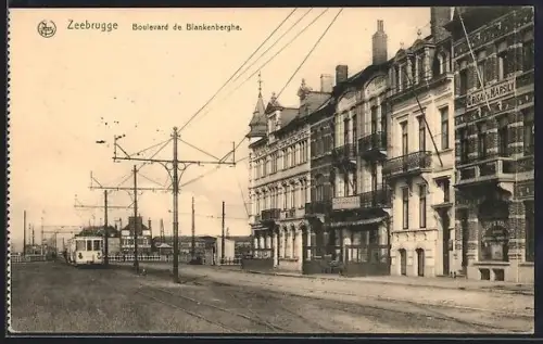 AK Zeebrugge, Boulevard de Blankenberghe, Strassenpartie, Strassenbahn
