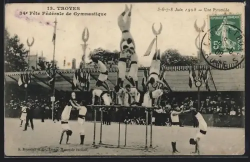 AK Troyes, Fête Fédérale de Gymnastique 1908, Une Pyramide