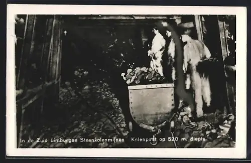 AK In de Zuid-Limburgse Steenkolenmijnen, Kohlenpost op 520 m diepte, Grubenwagen zur Steinkohlebefürderung