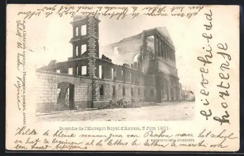 AK Anvers, Incendie de l`Entrepot Royal d`Anvers 1901, Brand
