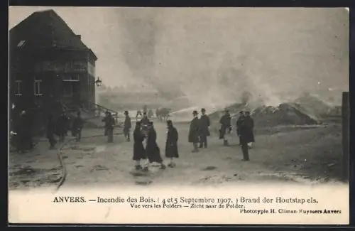 AK Anvers, Incendie des Bois 1907, Vue vers led Polders, Brand