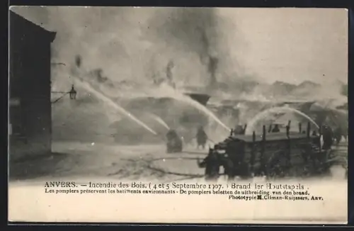 AK Anvers, Incendie des Bois 1907, Brand