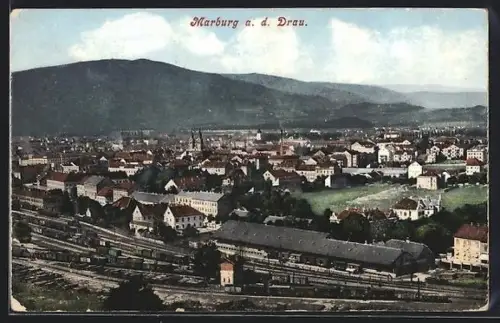 AK Marburg a. d. Drau, Totalansicht mit dem Bahnhof im Vordergrund