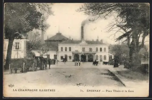 AK Epernay, Place Thiers et la Gare, Bahnhof