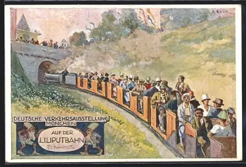 Künstler-AK München, Deutsche Verkehrs-Ausstellung 1925, Besucher auf der Liliputbahn