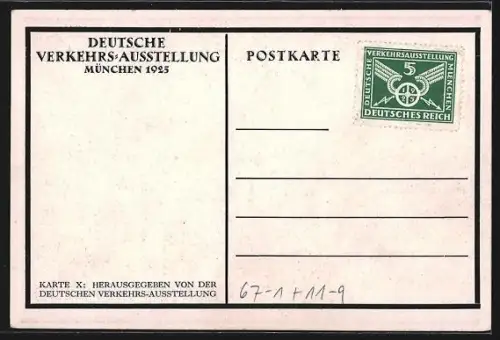 Künstler-AK München, Deutsche Verkehrs-Ausstellung 1925, Besucher auf der Liliputbahn