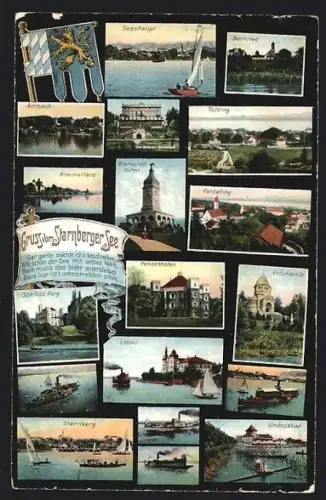 Lithographie Starnberg / Starnberger See, Seeshaupt, Schloss Berg, verschiedene Ortsansichten