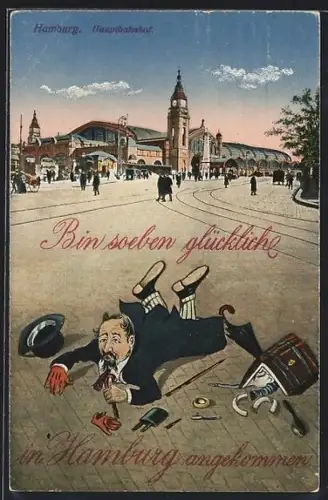 AK Hamburg-St.Georg, Hauptbahnhof, Mann stolpert auf der Strasse und verliert sein Gepäck