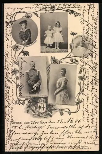 AK Fürst Friedrich von Waldeck-Pyrmont, Fürstin Bathildis, Erbprinz Josias, Prinz Oeoreo Wilhelm u. Prinzessin Helene