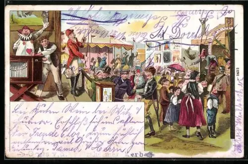 Lithographie Volksfest mit Karussell und Mann mit Leierkasten