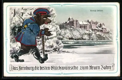 Künstler-AK Bernburg, Bär als Briefträger vor dem herzoglichen Schloss