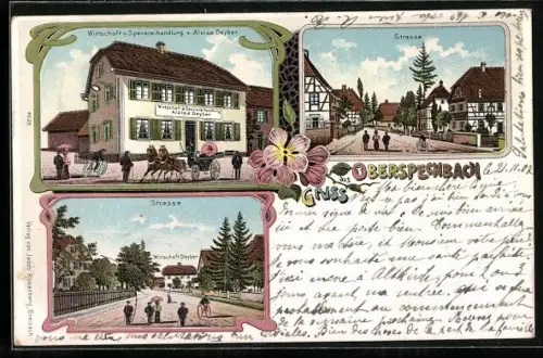 Lithographie Oberspechbach, Wirtschaft und Specereihandlung von Aloise Deyber, Strassenpartien