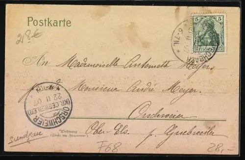 Lithographie Oberspechbach, Wirtschaft und Specereihandlung von Aloise Deyber, Strassenpartien