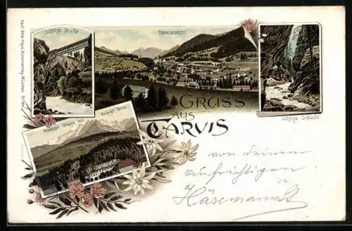 Lithographie Tarvis, Mannhart-Gruppe mit Bahnhof Tarvis, Schlitza-Brücke, Schlitza-Schlucht, Totalansicht des Ortes