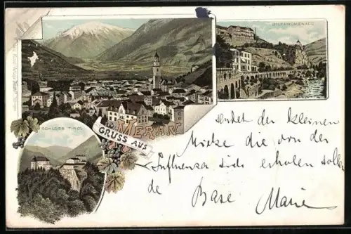 Lithographie Meran, Schloss Tirol, Gilfpromenade, Ortsansicht aus der Vogelschau