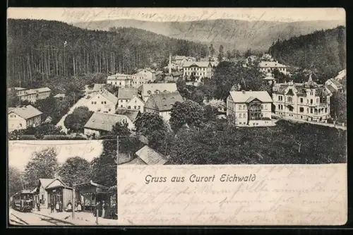 AK Eichwald, Bahnhof mit Strassenbahn, Ortsansicht aus der Vogelschau