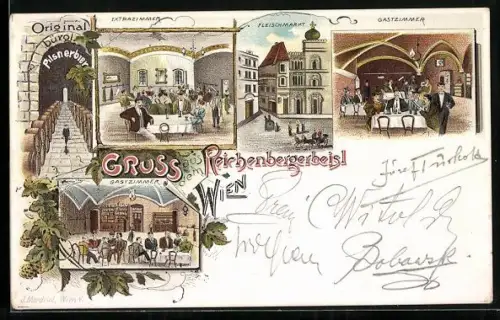 Lithographie Wien, Gasthaus Reichenbergerbeisl, Ansichten vom Gastzimmer und Extrazimmer, Fleischmarkt